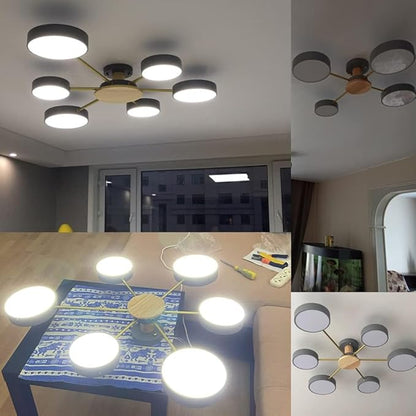 5-Lights LED Ceiling Light Fixture,32 Inch Modern Ceiling Lights Flush Mount Wooden 40W Dimmable Chandelier for Living Room Bedroom Kitchen,3000K/4000K/6000K Grey