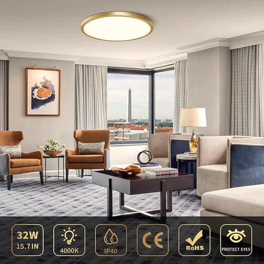 15.7Inch Gold Flush Mount Ceiling Light Fixture , 32W(320W Equivalent), 3800LM, 4000K Natural White, IP40, Flat Modern Round LED Ceiling Lights for Bedrooms, Living Rooms, Bathrooms, Stairwells, etc.