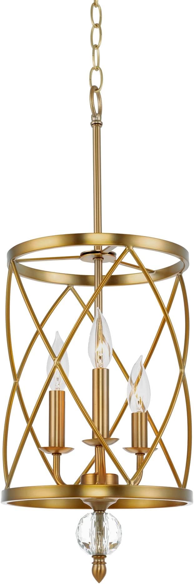 Kira Home Eleanor 27" Modern 3-Light Geometric Gold Lantern Chandelier, Cylinder Trellis Cage Gold Pendant Light with Crystal Finial, Warm Brass Finish
