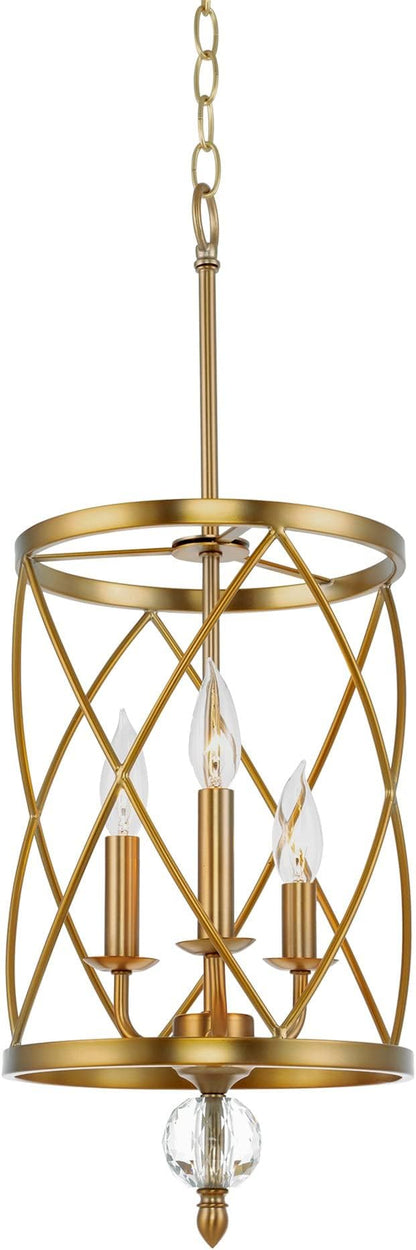 Kira Home Eleanor 27" Modern 3-Light Geometric Gold Lantern Chandelier, Cylinder Trellis Cage Gold Pendant Light with Crystal Finial, Warm Brass Finish