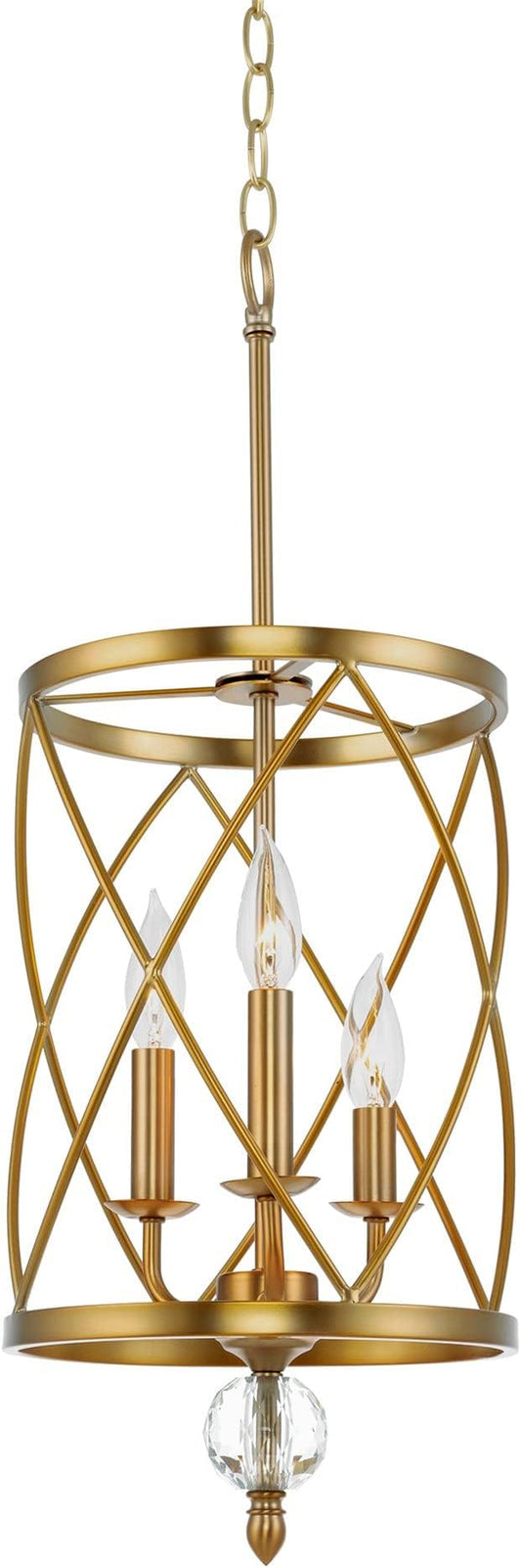 Kira Home Eleanor 27" Modern 3-Light Geometric Gold Lantern Chandelier, Cylinder Trellis Cage Gold Pendant Light with Crystal Finial, Warm Brass Finish