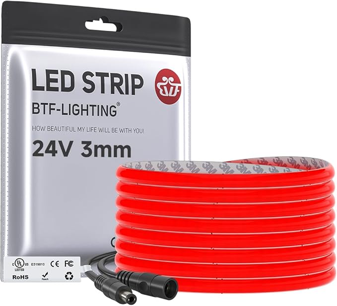 BTF-LIGHTING FCOB COB 3mm Width UL Listed Super Narrow Flexible Uniform LED Strip Light Red Color 16.4FT DC24V CRI 90+ Dimmable LED Ribbon for Kitchen Home Indoor Decor(No Adapter or Controller)
