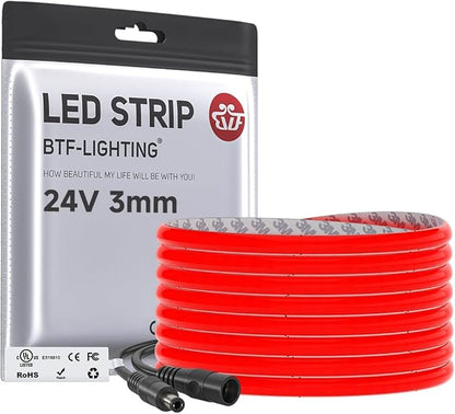 BTF-LIGHTING FCOB COB 3mm Width UL Listed Super Narrow Flexible Uniform LED Strip Light Red Color 16.4FT DC24V CRI 90+ Dimmable LED Ribbon for Kitchen Home Indoor Decor(No Adapter or Controller)