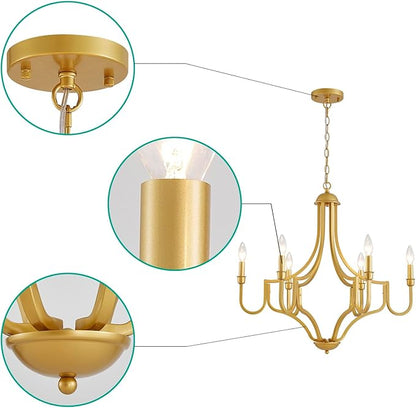 6-Light Maria Theresa Candle Chandelier Gold Ceiling Light Fixture for Dining Room, Living Room, Bedroom, Farmhouse Style, Vintage Antique Design, E12 Socket, D26.4*H28~78.7inch