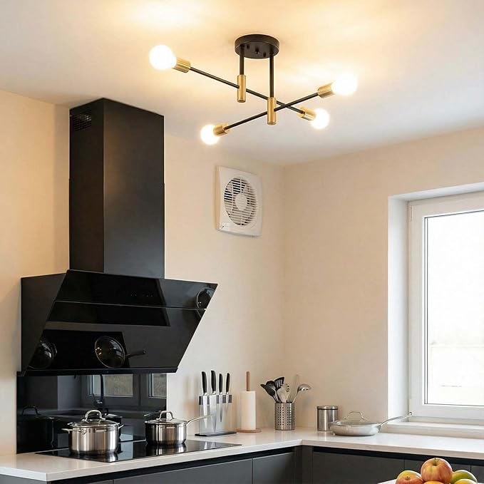 Modern Sputnik Chandelier 4-Light Adjustable Ceiling Light Fixture Black and Gold Semi Flush Mount Ceiling Lamp with E26 Base Industrial Ceiling Light for Dining Room Bedroom Living Room