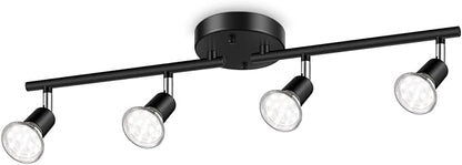 Ascher 4-Light LED Track Lighting Kit, Flexibly Rotatable Light Heads, 4 Way Ceiling Spotlight Black Finish, Including 4 GU10 LED Bulbs (4W 400LM Daylight White 5000K)