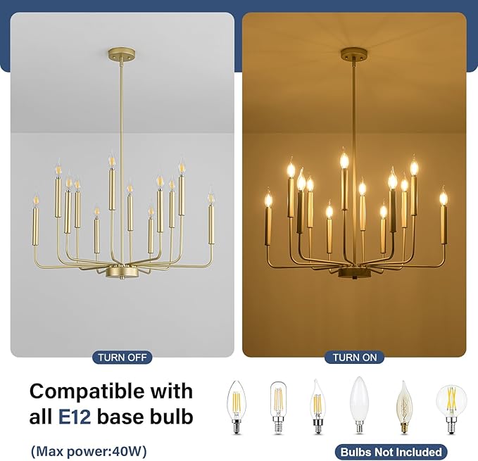 WOKNOS Modern Gold Farmhouse Chandeliers, 12-Light Industrial Metal Chandelier Lighting, Classic Candle Hanging Pendant Light Fixtures for Kitchen, Dining Room, Living Room, Entryway