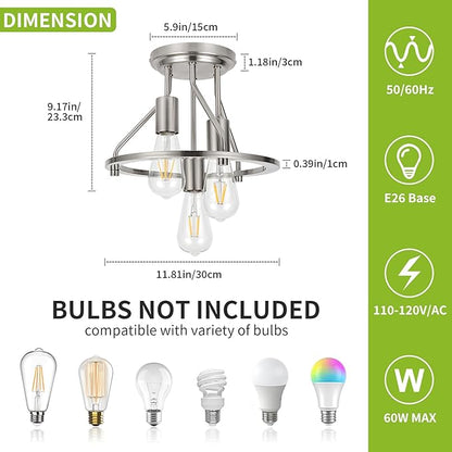 WILON Ceiling Light,Brushed Nickel Semi Flush Mount Light.3-Light Ceiling Light Fixtures Farmhouse Kitchen Light Industrial Hallway Light Fixtures E26 Socket Lamp for Hallway Kitchen Foyer