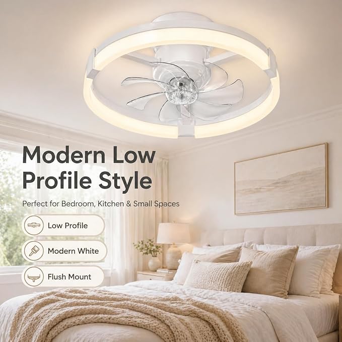 23" Low Profile Ceiling Fan with Lights and Remote, Modern White Flush Mount Bladeless Ceiling Fan, App Control Smart Fandelier, 6 Speeds Reversible Motor, Dimmable LED Fan Light for Bedroom, Kitchen