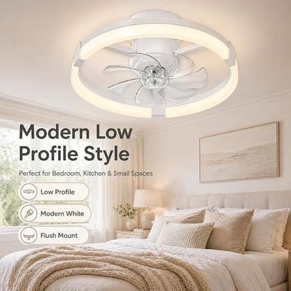 23" Low Profile Ceiling Fan with Lights and Remote, Modern White Flush Mount Bladeless Ceiling Fan, App Control Smart Fandelier, 6 Speeds Reversible Motor, Dimmable LED Fan Light for Bedroom, Kitchen