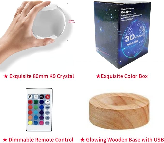 Love Crystal Ball lamp,3D 3.15 inch K9 Couple Night Light with Wooden Base,16 Colors Change with Remote Control,Sweetheart Crystal Gift for Girlfriend,Valentine's Day Christmas Gift (F)