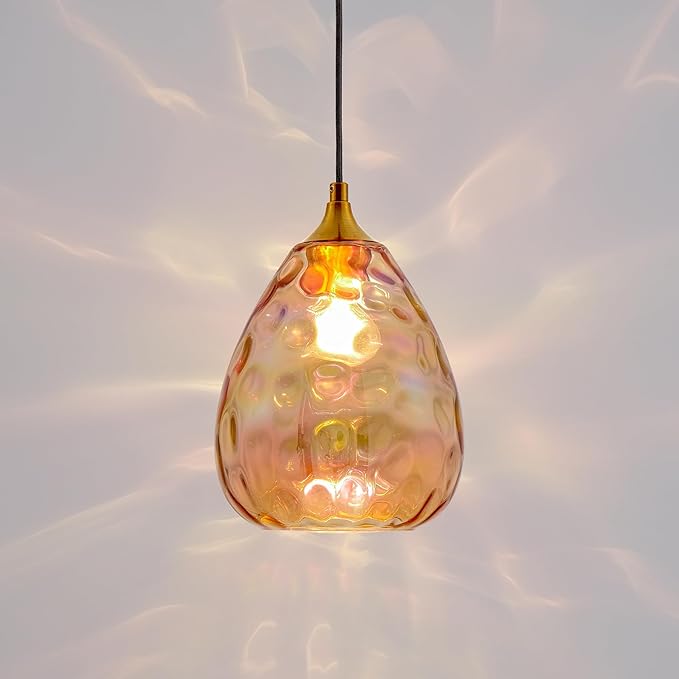 Gold Pendant Lighting with Amber Hammered Glass Shade, 1-Light Art Deco Hanging Lamp for Kitchen Island, Dining Room, Bedroom (Amber Glass Shade)