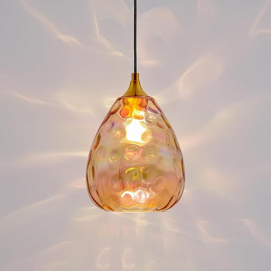 Gold Pendant Lighting with Amber Hammered Glass Shade, 1-Light Art Deco Hanging Lamp for Kitchen Island, Dining Room, Bedroom (Amber Glass Shade)