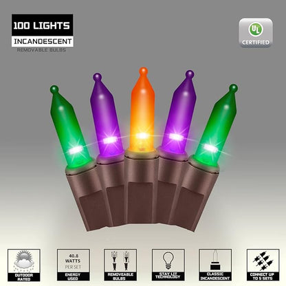 100LIGHTS Orange Purple and Green Extra-Bright with End Connectors Halloween Decorative Lights 5.98m UL Certified Mini String Light Set Waterproof for Halloween Home Garden Tree Party Patio