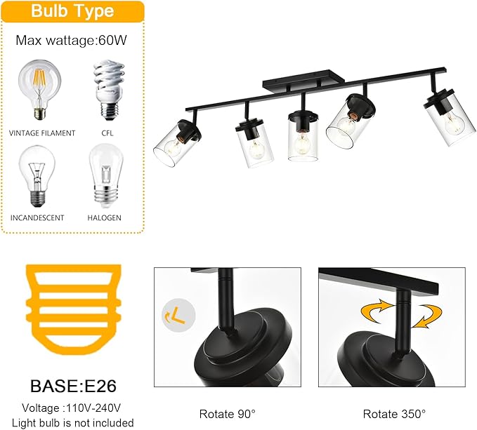 BONLICHT 5 Light Spotlight Track Lighting Modern Semi Flush Mount Ceiling Light Industrial Vintage Black Wall Sconce Vanity Light Fixtures Farmhouse Bathroom Wall Mount Lights with Clear Glass Shade