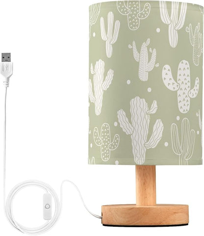 Bedside Table Lamp Cute Cactus Tropical Cacti Dot Green Nightstand Lamp with Wood Desk Lamps for Bedroom Living Room Nursery Office Home Decor