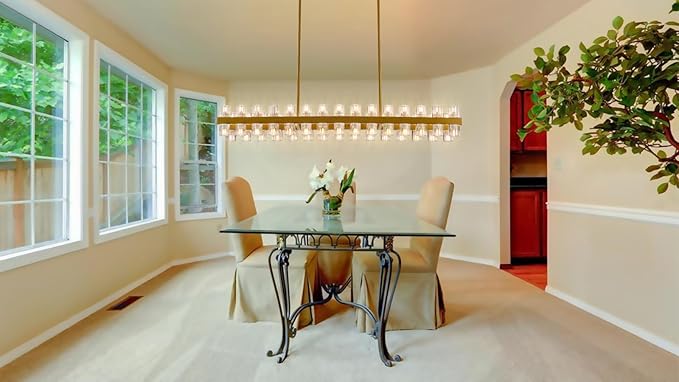 54 Inch Gold Crystal Linear Chandelier, Modern Large Rectangle 60-Lights Pendant Lighting Fixture Adjustable Height, for High Ceilings Kitchen Island, Over Table Dining Room