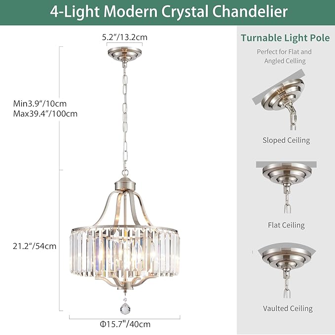 Crystal Chandelier - Modern Pendant Light - 15.7 Inch Diameter Height Adjustable Brushed Nickel Ceiling Light - Ideal for Dining Rooms, Kitchens, Living Rooms