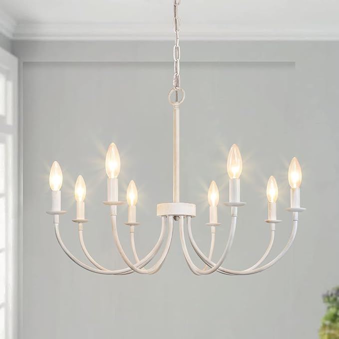 French Country Chandelier, 8-Light Antique White Farmhouse Chandelier for Dining Room, Candle Hanging Pendant Light for Kitchen Living Room Bedroom Foyer Entryway