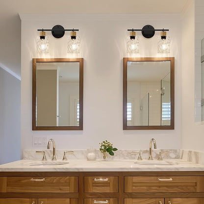MOKATNG Bathroom Light Fixtures, 2-Light Coastal Vanity Lights with Crystal Glass Shade, Brown and Gold Bathroom Wall Lamp for Mirror Kitchen Hallway Cabinet