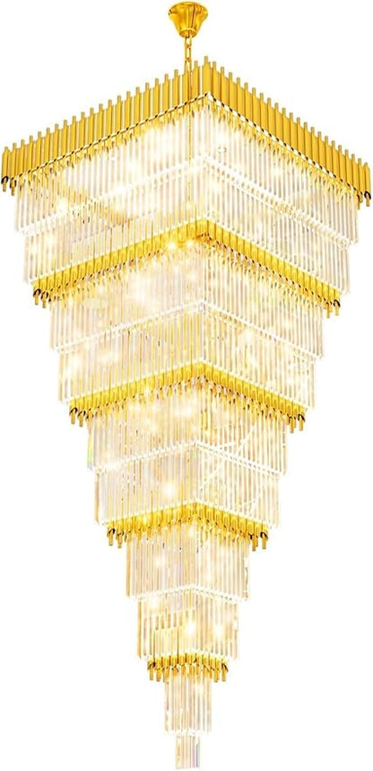 W40 x H120 Large Gold Chandeliers for High Ceiling, 37-Light Square Tiered K9 Crystal Raindrop Chandelier, Adjustable Height Luxury Pendant Light for Staircase, Villa Foyer, Entryway