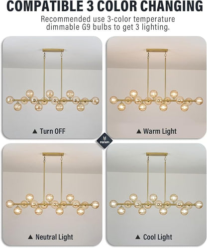 55" Long Brass Gold Chandeliers for Dining Room Kitchen Island, Large Globe Sputnik Linear Chandelier, 16 Lights Mid Century Modern Light Fixture Over Table, Amber Bubble, GC-08