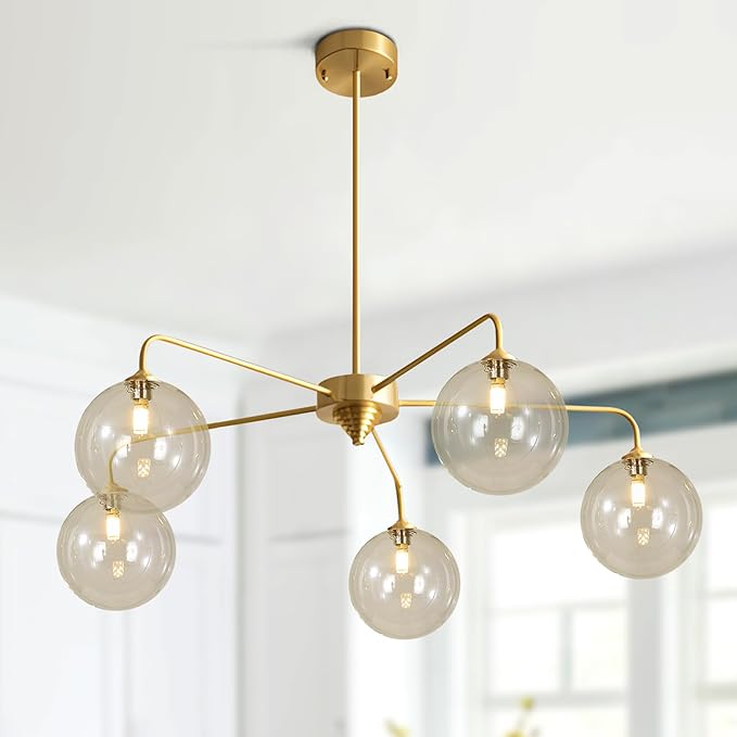 Mid Century Modern Sputnik Chandelier Brass Gold Chandelier Cognac Clear Glass Globe Sputnik Chandelier for Kitchen Dining Room Bedroom