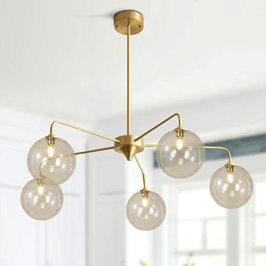 Mid Century Modern Sputnik Chandelier Brass Gold Chandelier Cognac Clear Glass Globe Sputnik Chandelier for Kitchen Dining Room Bedroom