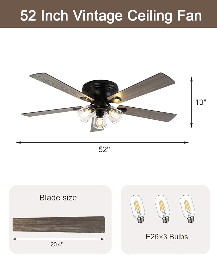 52 Inch Flush Mount Vintage Ceiling Fan with Lights and Remote, Farmhouse Rustic Ceiling Fan Antique Fandelier Chandelier for Bedroom Living Room Low Profile, 3 E26 Bulbs (Not Included)