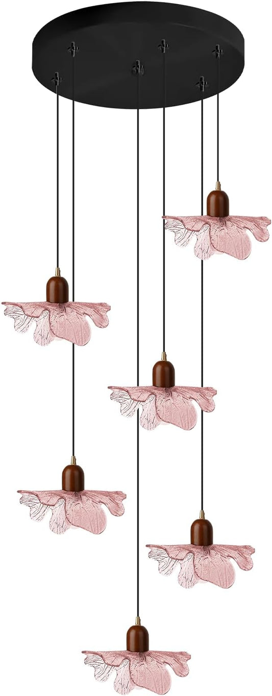 6-Light Pink Glass Flower Chandelier with Wood, Modern Adjustable Staircase Pendant Light, Mid Century Floral Hanging Ceiling Fixture for Living Room Dining Room Foyer Entryway