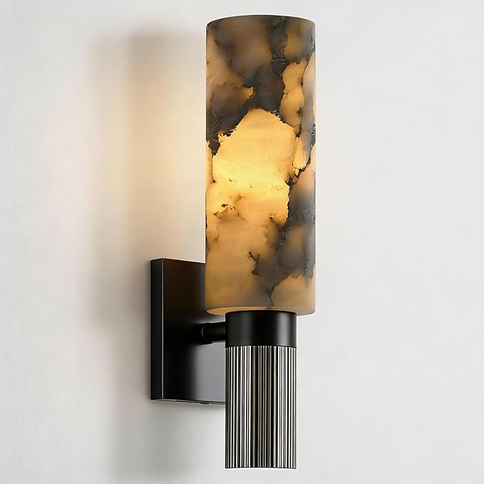Modern Alabaster Sconce Marble Wall Sconce for Living Room Black Base Bathroom Vanity Wall Sconce Lighting Stone Marble Wall Lamp for Bedroom Corridor Stairs Restaurant