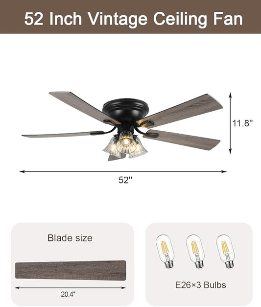 52 Inch Vintage Ceiling Fan with Lights Flush Mount Chandelier Ceiling Fan Indoor Farmhouse Rustic Chandelier Low Profile Antique Fandelier, 3 LED Light Bulbs Base, for Bedroom Living Room