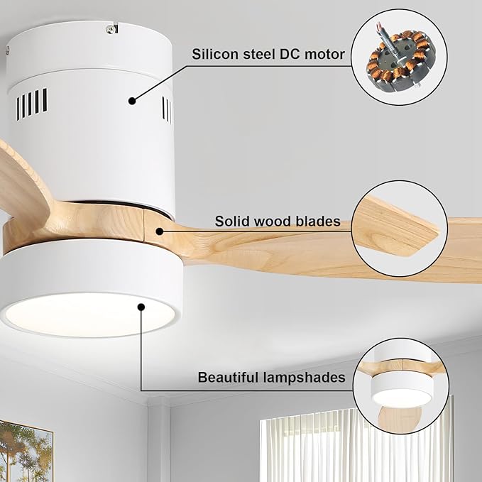Sofucor 52 Inch Ceiling Fans with Lights and Remote, Modern Wood Low Profile Flush Mount Quiet Ceiling Fan for Bedroom, Reversible DC Motor for Living Room/Farmhouse/Patio/Indoor/Outdoor