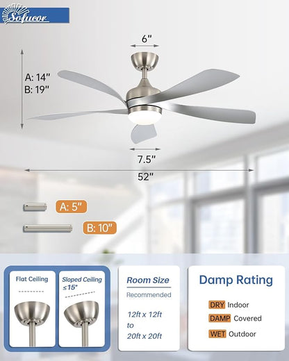 Sofucor 52" Smart Ceiling Fan, Indoor/Outdoor Ceiling Fans with Lights and Remote, Compatible with Alexa/Google/App, 3-Color Light 6-Speed Timing Reversible DC Motor for Bedroom Living Room Patio