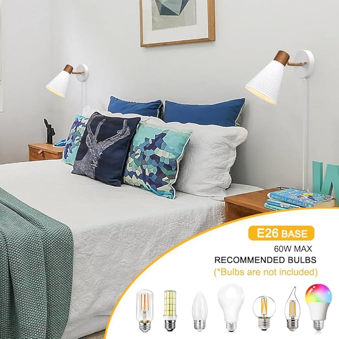 White Plug in Wall Sconces Set of 2, Modern Wall Light with Plug in Cord, Wooden Plug in Sconce with Hammered Metal Shade, Corded Wall Sconce Light Wall Lamp for Bedroom, Living Room, Hallway