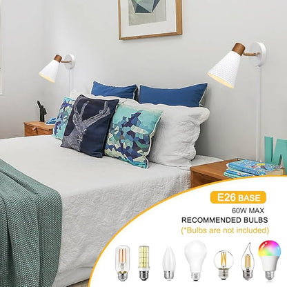 White Plug in Wall Sconces Set of 2, Modern Wall Light with Plug in Cord, Wooden Plug in Sconce with Hammered Metal Shade, Corded Wall Sconce Light Wall Lamp for Bedroom, Living Room, Hallway