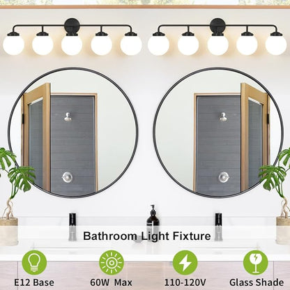 Bathroom Light Fixtures Over Mirror, 5-Light Matte Black Vanity Lighting with Milk White Glass Globe Shades Modern Wall Sconce