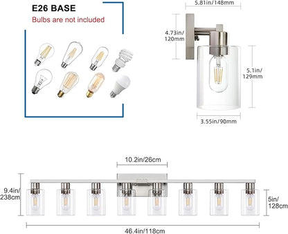 8 Light Bathroom Vanity Light Brushed Nickel Bathroom Light Fixtures 8-Light Vanity Lights for Bathrrom Lights Fixtures Over Mirror Large Wall Sconce with Clear Glass Shade