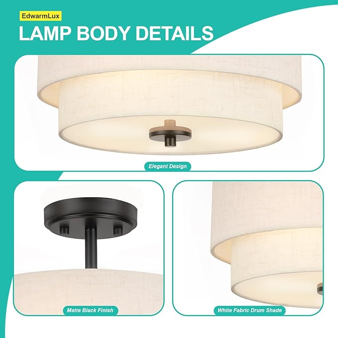 Edwarmlux 3-Light Semi Flush Mount Ceiling Light Fixture, 12.6" Black Drum Light with White Fabric Shade,Modern Close to Ceiling Light for Living Room Bedroom Dining Room Kitchen Hallway Entry Foyer