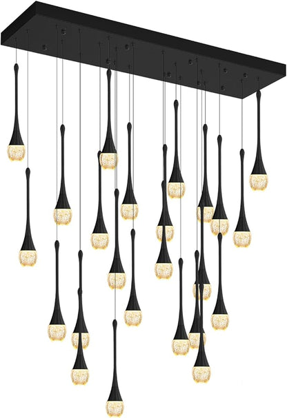 ykolupty 24-Lights Rectangular Chandelier Crystal Raindrop Chandeliers Flush Mount Ceiling Light for Dining Room Living Room High Ceiling Chandelier for Staircase Foyer Entryway Black Chandeliers