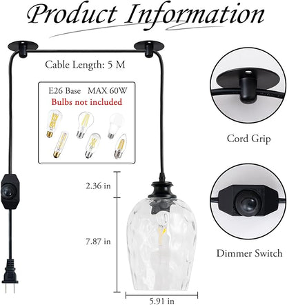 Modern Plug in Pendant Light with Dimmable Switch E26 Clear Rippled Glass Shade Hanging Lights with 16.4 Ft CordPlug in Hanging Lamp for Kitchen Island Bedroom Living Room （Bulb not Included）