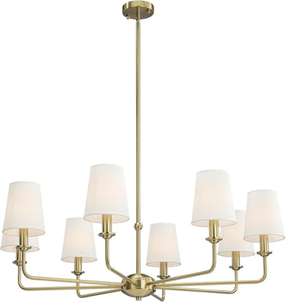 40.5'' 8-Light Brushed Gold Chandelier, E12 Base, White Fabric Shade - Farmhouse & Industrial Style Pendant Light for Dining Room Living Room Bedroom Kitchen