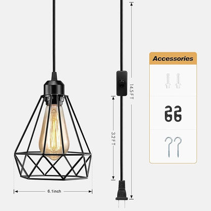 Plug in Pendant Light, Industrial Hanging Light with Plug in Cord, Black 15FT On/Off Switch Farmhouse Pendant Light, Hanging Lamps for Dining Room