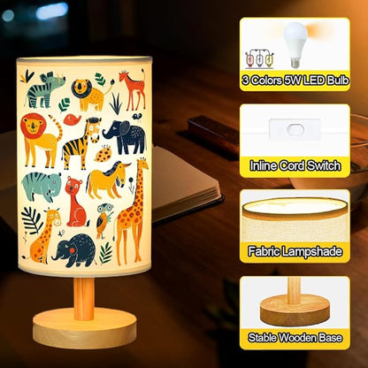 Safari Animal Kids Bedside Table Lamp for Bedroom, 3 Colors Nightstand Light Lamp with Wood Base Round Flaxen Fabric Shade Desk Reading Lamp for Girls Boys Room Decor, Animal Nursery Stuff Boys Gifts