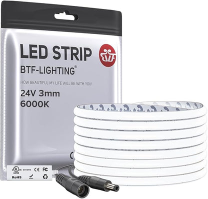 BTF-LIGHTING FCOB COB 3mm Width UL Listed Super Narrow Flexible Uniform LED Strip Light 16.4FT DC24V 6000K CRI 90+ Dimmable LED Ribbon for Kitchen Home Indoor Decor(No Adapter or Controller)
