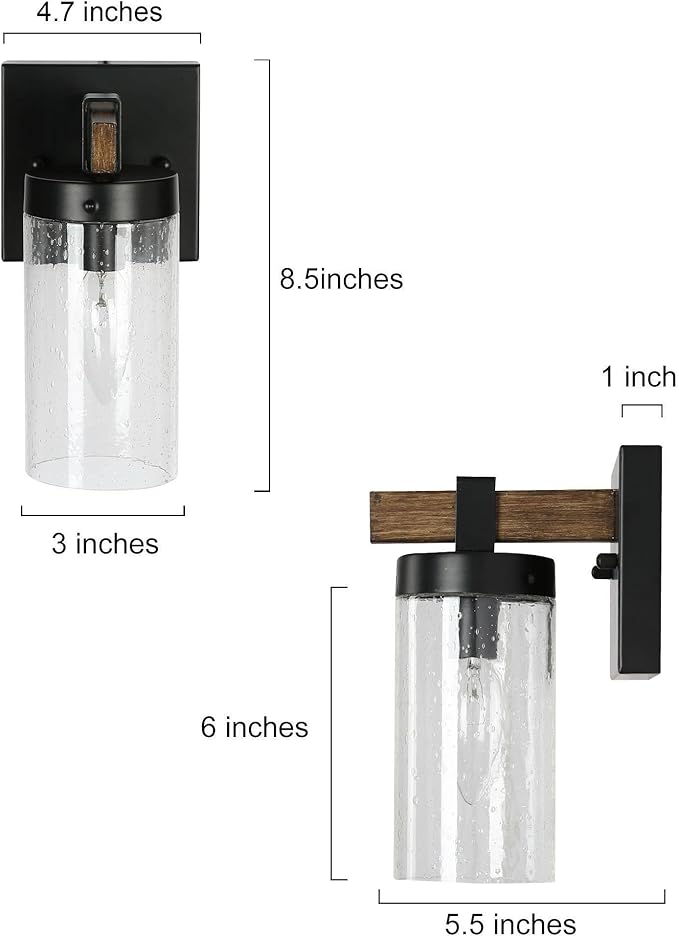 KSANA Black Wall Sconces, Farmhouse Faux Wood Wall Light Fixtures with Seeded Glass Shade for Bedroom, Bathroom, Living Room