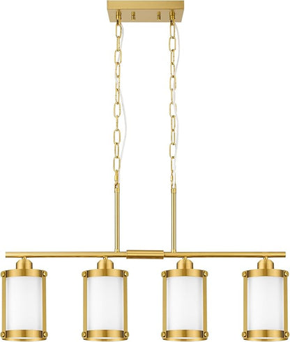 4-Light Kitchen Island Lighting, Brushed Gold Linear Dining Room Light Fixtures with Frosted Glass, Modern Mid Century Chandelier Pendant Light for Kitchen Island Dining Room, OS-3014-4ISBGW