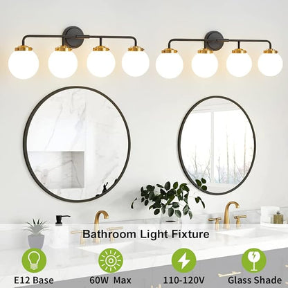Black Gold Bathroom Light Fixtures Above Mirror, Modern Vanity Lighting with White Glass Globe Shade 4-Light Farmhouse Wall Sconce