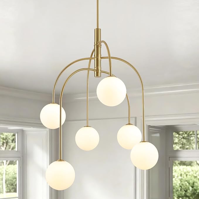 Mid Century Modern Chandelier, 6-Light Gold Globe Chandelier Milk Glass Chandelier Light Fixture, Adjustable Sputnik Hanging Pendant Light for Dining Room Entryway Kitchen Island, Bulbs Included