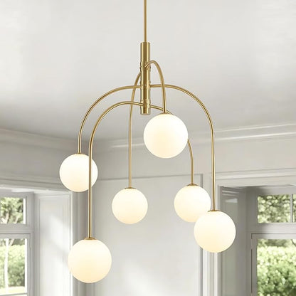 Mid Century Modern Chandelier, 6-Light Gold Globe Chandelier Milk Glass Chandelier Light Fixture, Adjustable Sputnik Hanging Pendant Light for Dining Room Entryway Kitchen Island, Bulbs Included